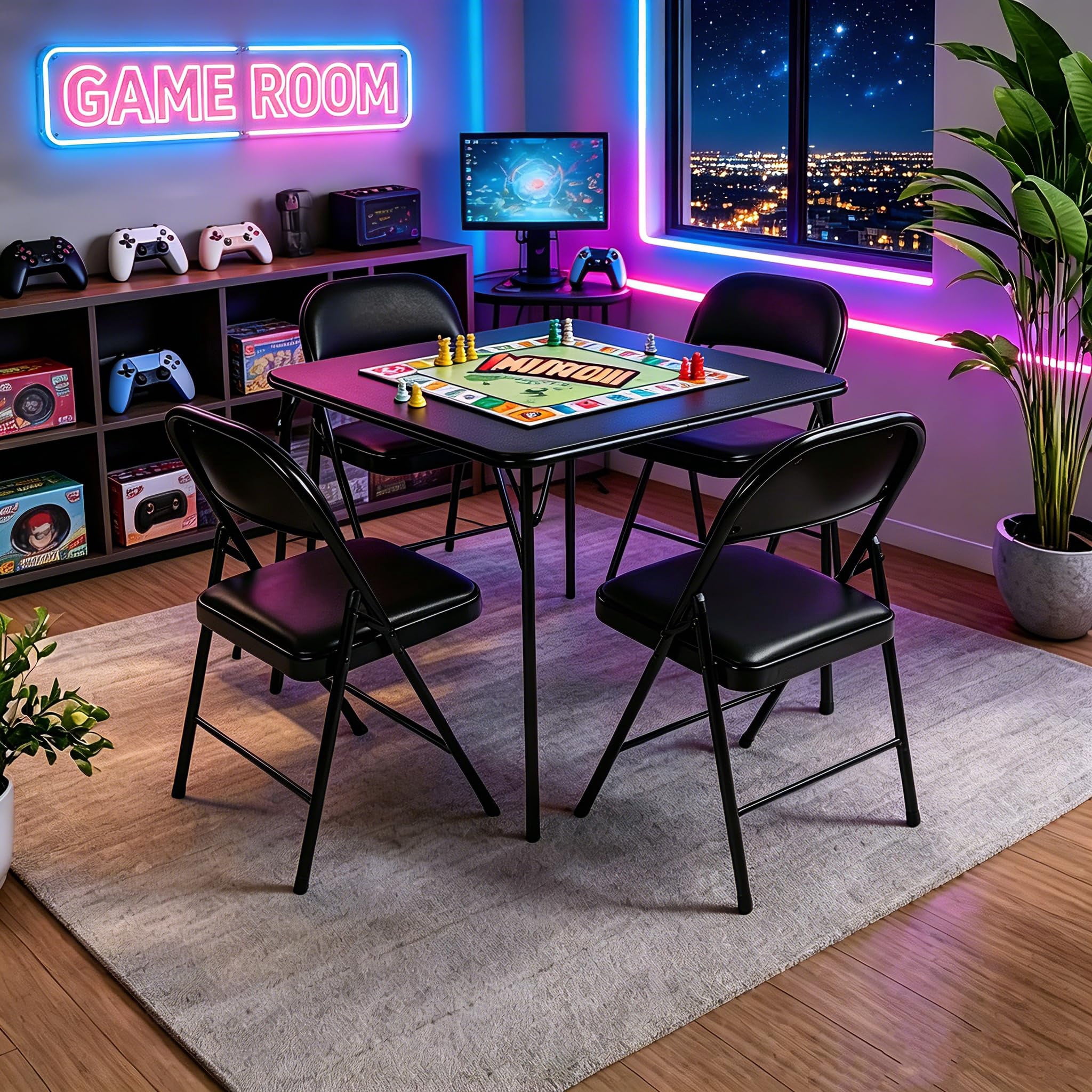 34" Folding Table, Portable Square Foldable Card Table for Poker Games, Camping, Picnic, Metal Construction with PU Soft Padded Tabletop, Space Saving Storage, Black