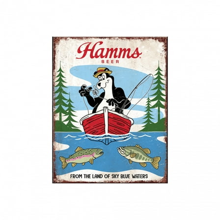 Hamms 898160 16 x 12.5 in. Beer Fishing Bear From the Land of Sky Blue Waters Tin Sign