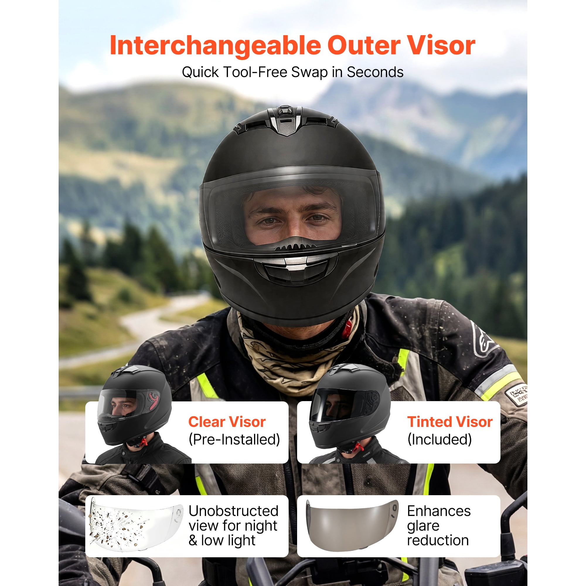 KFFKFF Full Face Motorcycle Helmet, Adult Motocross and Dirt Bike Helmet with Clear Visor, Lightweight and Comfortable Street Bike Helmet for Men and Women - DOT Certified (XXL Size)