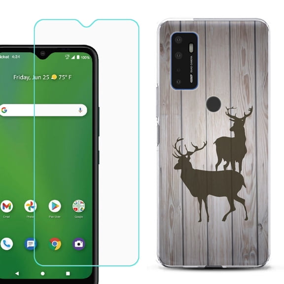 Shockproof Bumper Phone Case for AT&T Radiant Max 5G / Fusion 5G, with Tempered Glass Screen Protector, by OneToughShield ® - Wood/Deer