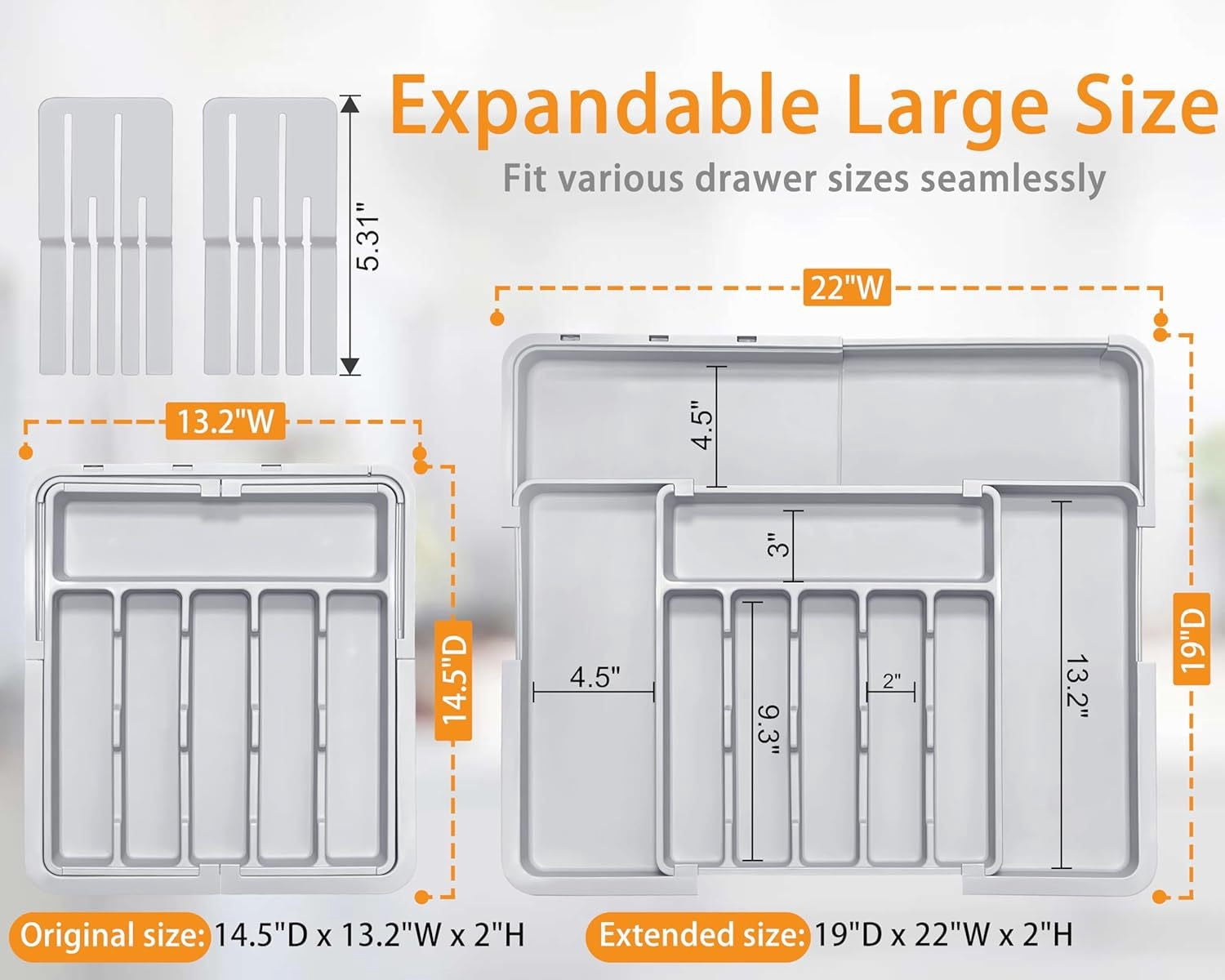 Rirozkan Drawer Organizer, Expandable Drawer Organizer, Adjustable Kitchen Utensil Tray, Cutlery Holder Storage Box for Kitchen Drawers Cabinet Countertop