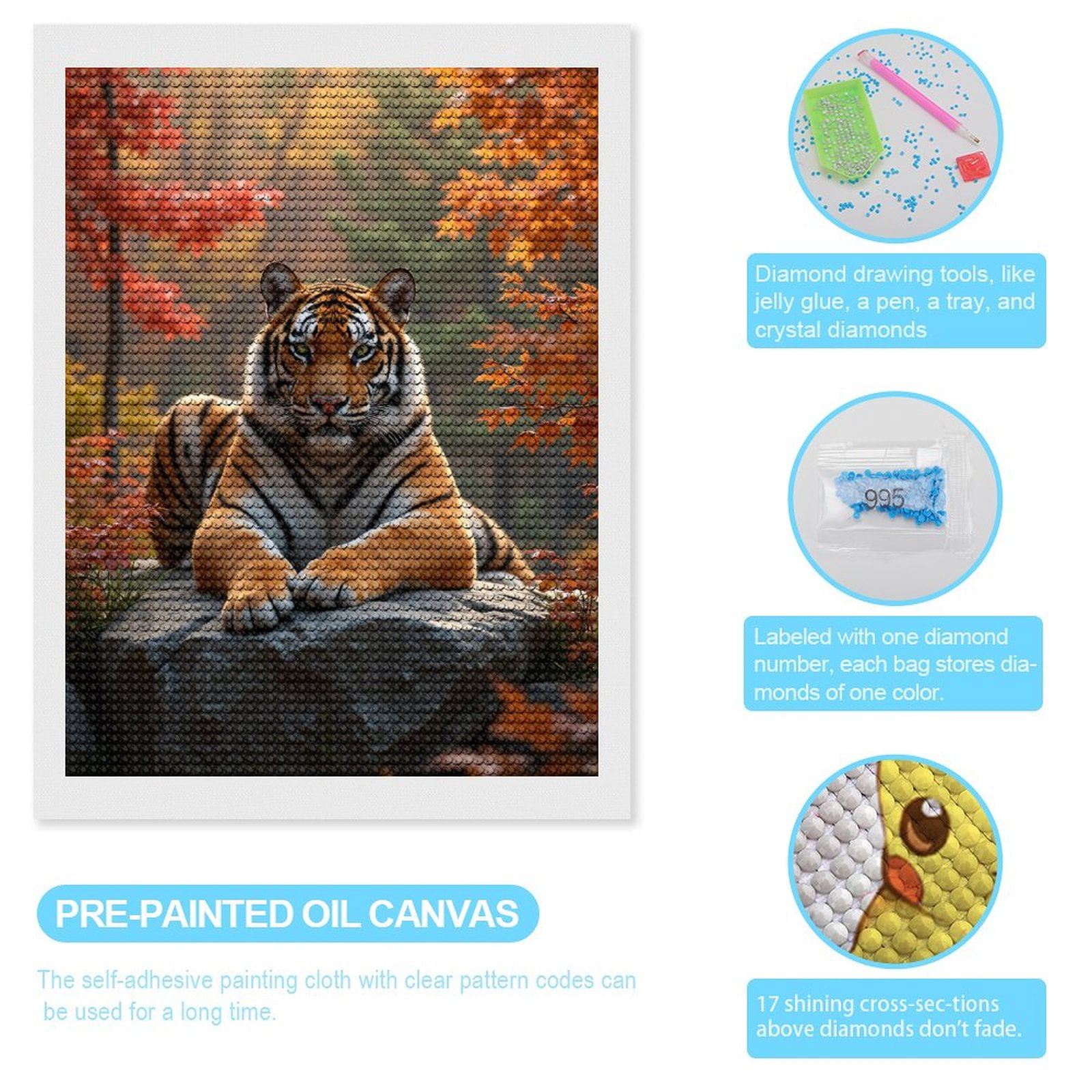 Diamond Art Kit for Adults, Tiger Autumn Serenity On Rock Diamond Painting for Adults Beginners, 5D DIY Diamond Art Painting Kits, Colorful Diamond Painting Craft for Home Decor 12x16