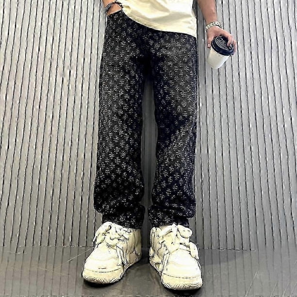2025 Jacquard Pattern Denim Pants Male Straight Fitting Baggy Bottoms Distressed Wide Jeans for Men