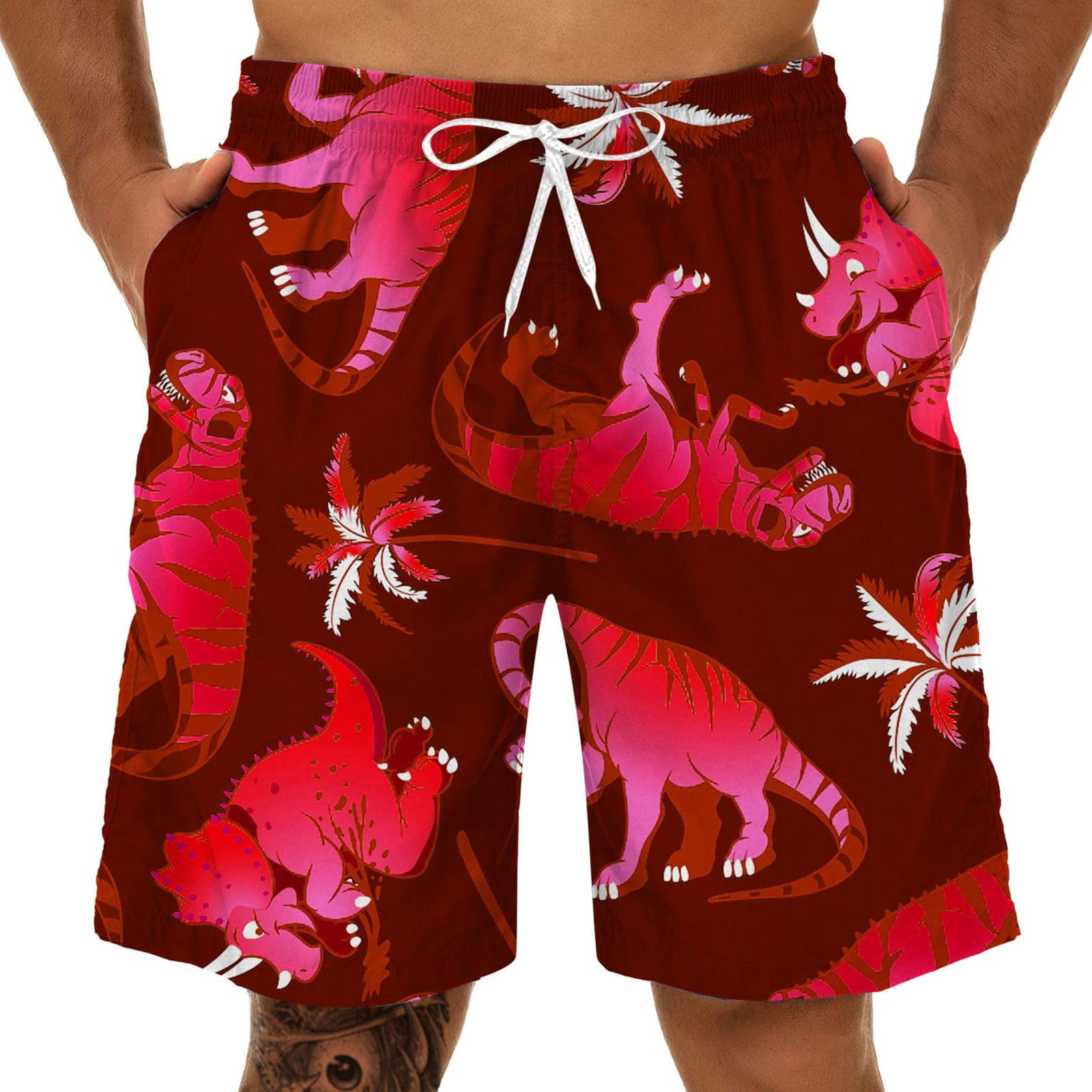 Amberetech Toddler Boys Swim Trunks Beachwear Shorts Kids Summer Dinosaur Print Swimsuit with Swim Hats 