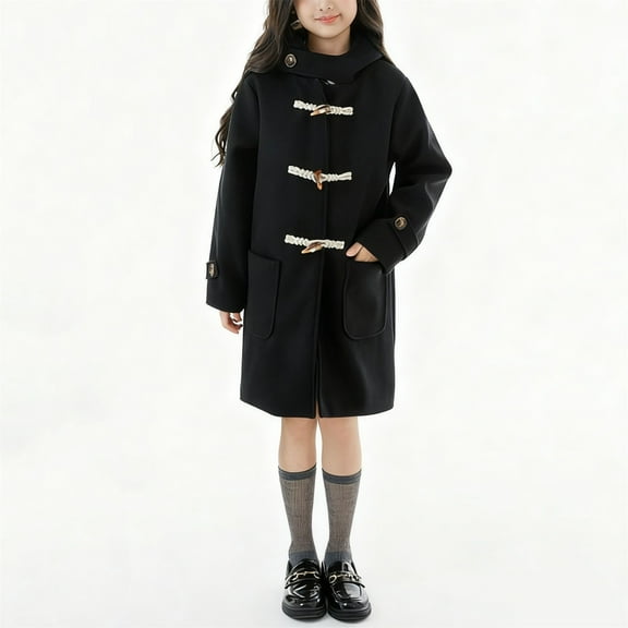 NAISIBABY Kids Girls Overcoat (5-15T), Thermal Lined College Style Hooded Retro Buttons Winter Warm Mid Length Coat Black 14T