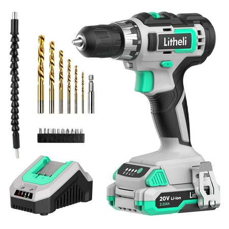 Litheli 20V Cordless Drill Driver, Electric Power Drill Set with 2.0Ah Lithium-Ion Battery & Charger, 3/8” Keyless Chuck, 2 Variable Speed, 220 In-lb Torque, 18+1 Position
