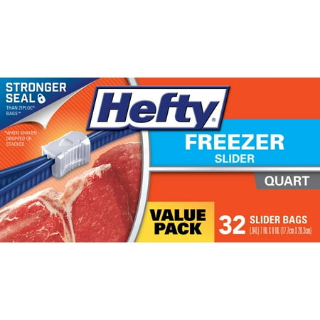 Hefty Slider Zipper Freezer Storage Bags, Quart, 32 Ct