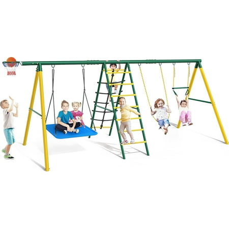 Track 7 Swing Sets for Backyard 5 in 1 Swing Sets Heavy-Duty Metal Swing Sets for Backyard with Swing Set Nest Swing Climbing Steps and Nets Gying Rings and Basketball Hoop thumbnail