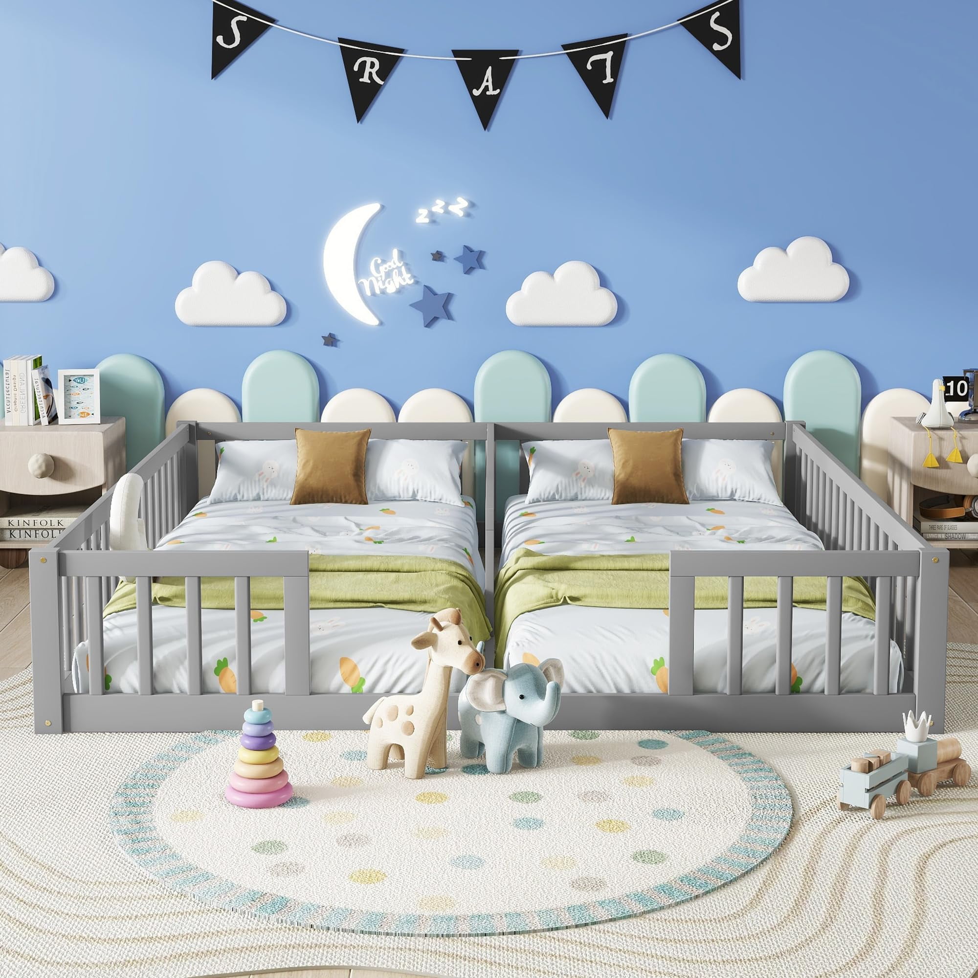 Twin Floor Bed for 2, Montessori Bed Frame with Fence, Wooden Double Floor Bed with Guardrails for Two Boys Girls, Box Spring Needed, Gray