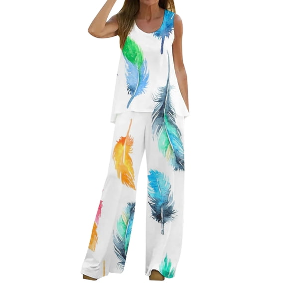 Tenues 2 Pcs pour Femmes 2025 Pantalons Mike Femmes Boho Décontracté Gilet Imprimé Combinaisons Dames Haut Sans Manches Ample Combinaisons et Combinaisons Pantalons Habillés Ensemble Deux Pièces