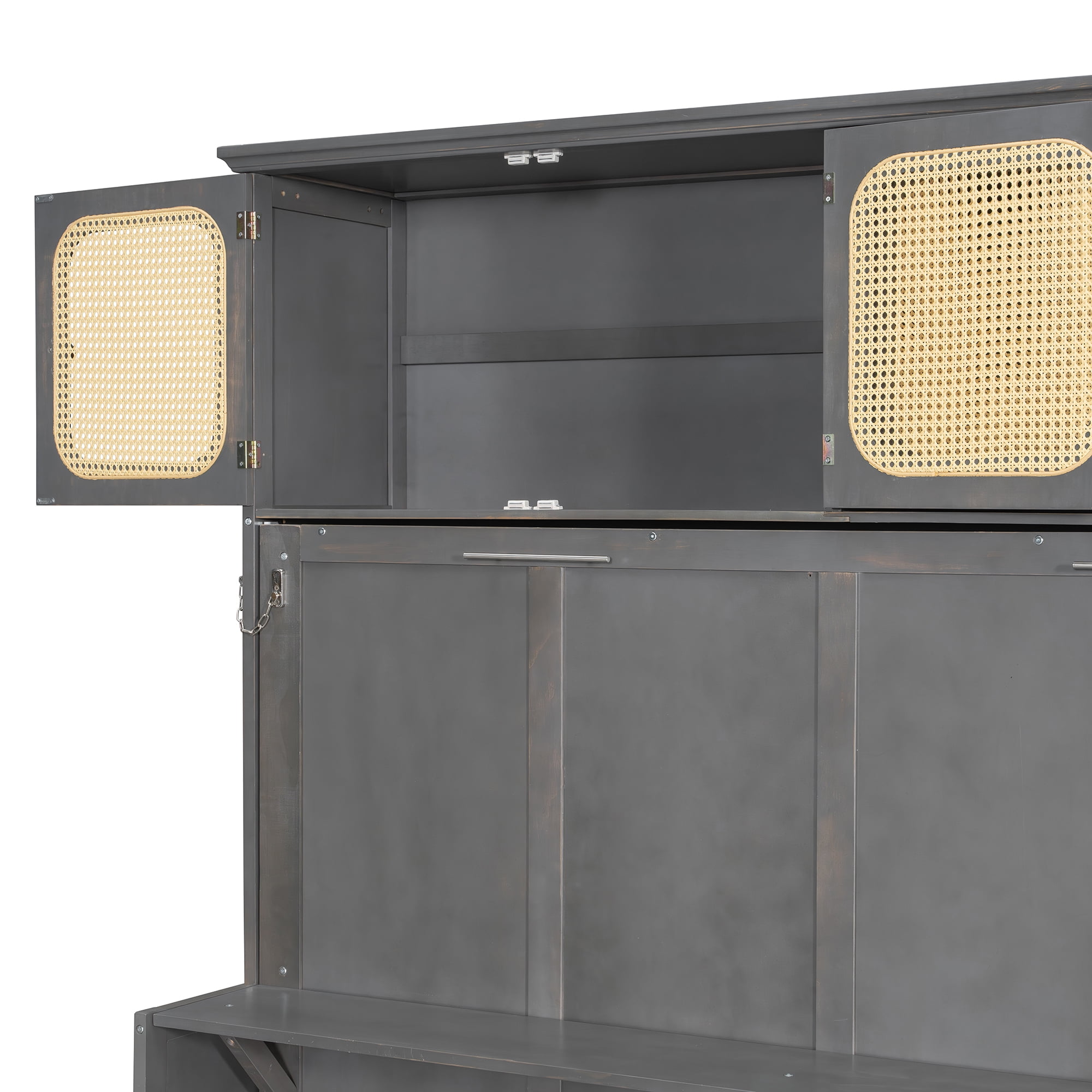 Full Size Murphy Bed with Writing Desk and Rattan Cabinets and Open Shelves for Small Space, Guest Room