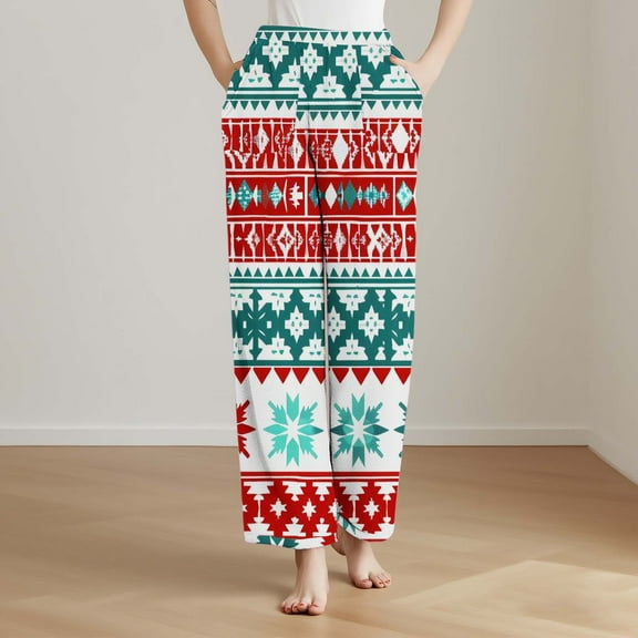 Gamivast Christmas Flannel Pajama Pants Women Winter Elastic High Waist Warm Joggers with Pockets Causal Loungewear Straight Wide Leg Holiday Pj Sweatpants Printed Cute Christmas Pajama Pants