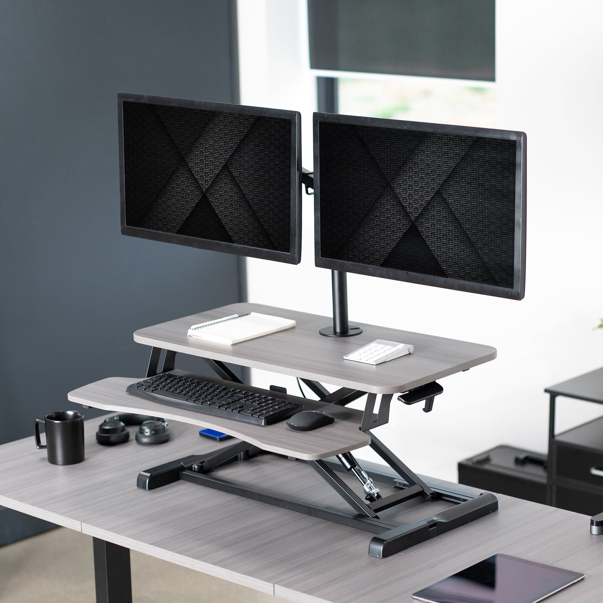 VIVO Gray 32" Standing Desk Riser with Adjustable Dual 13" to 30" Monitor Mount