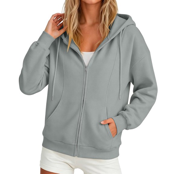 Guluxicc Hooded Sweatshirts for Women Full Zipper Drawstring Ribbed Long Sleeve Solid Hoodies for Everyday Fall Winter