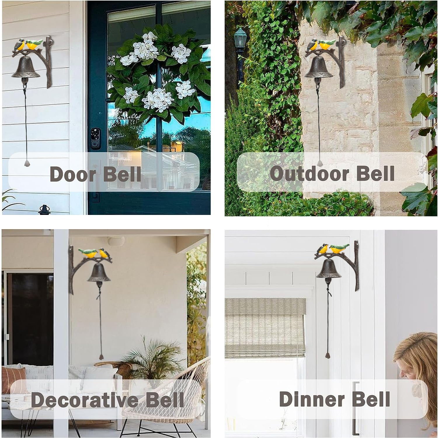 Sungmor Cast Iron Dinner Bell, Outside Farmhouse Door Bell, Wall Hanging Bell, Antique Lovely Color Birds Decorative Manually Shaking Doorbell, Indoor Outdoor Wall Mounted Ornamental Dinner Bell