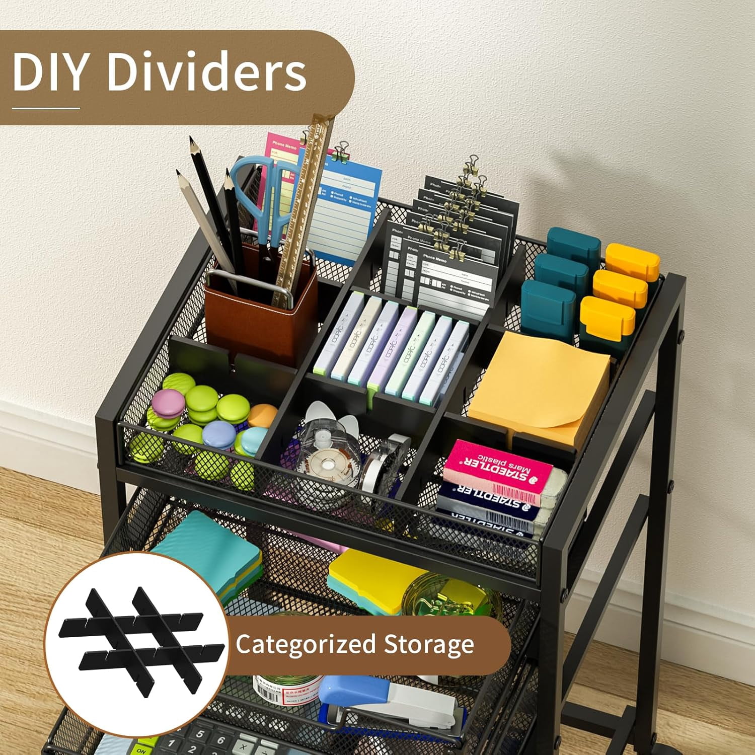 Rolling File Cart with 3 Storage Drawers, Under Desk Filing Cabinet with DIY Divider, Hanging File Folder Organizer on Wheels, Fits A4/Letter Size, Metal Utility Cart for Home Office