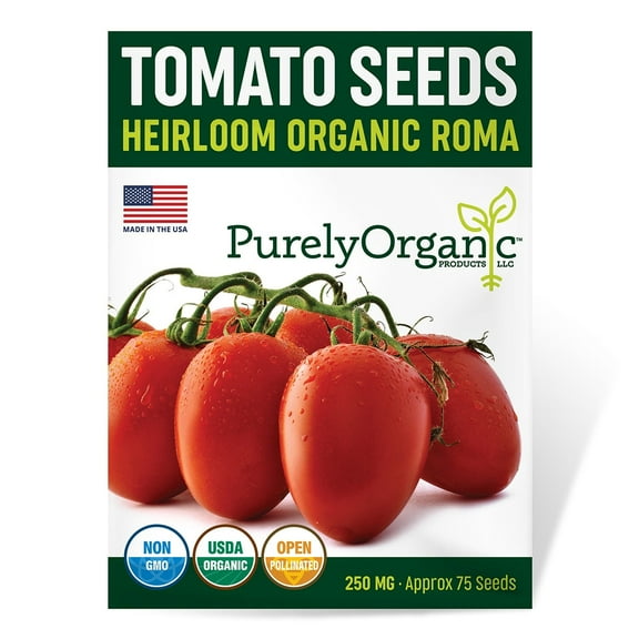 Purely Organic Roma Tomato Seeds (Premium Heirloom, Non-GMO, Open Pollinated, Vegetable, Full Sun) - Approx 90 Seeds