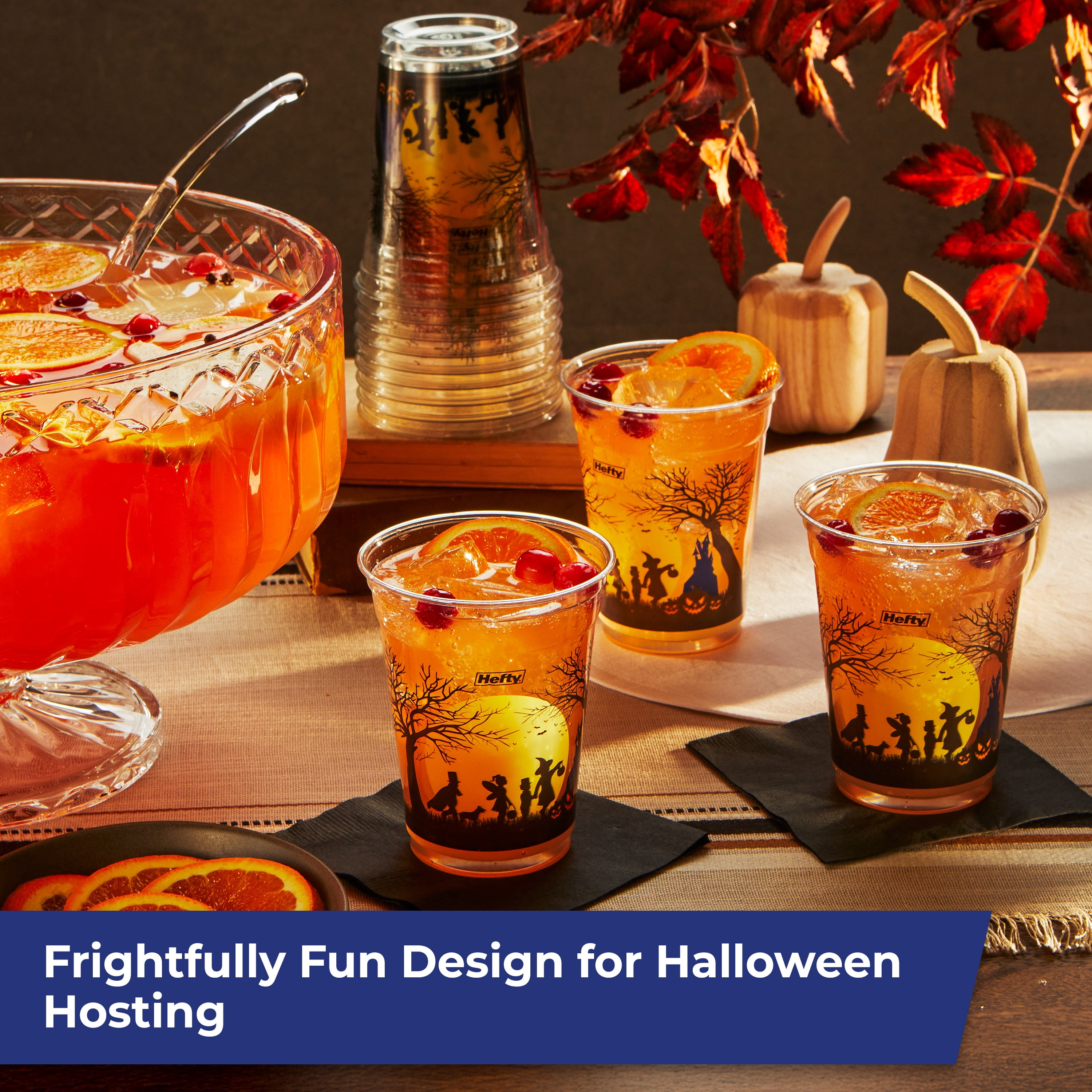 Hefty Halloween Collection Disposable 18oz Plastic Cups 15ct, 8.6 inch Paper Plates 20ct, and ECOSAVE Compostable Assorted Cutlery Set 24ct