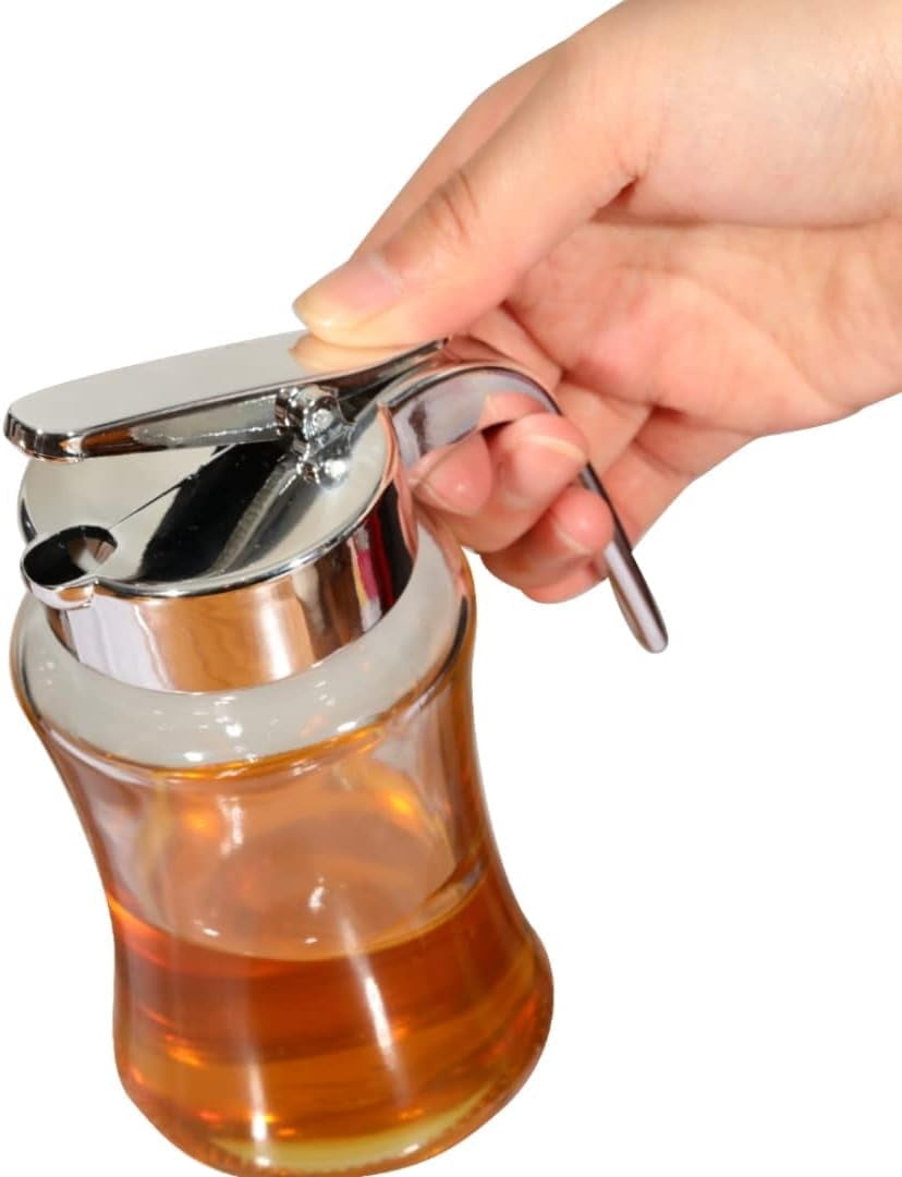 2-pack Glass Syrup Dispenser Bottle For Maple  Honey Pot Or Sugar Jar W/handle Shaker Pancakes Coffee Cereal Bowl Tea Pour Spout Lid Easy Spoon Measure 7.5oz Container Holder