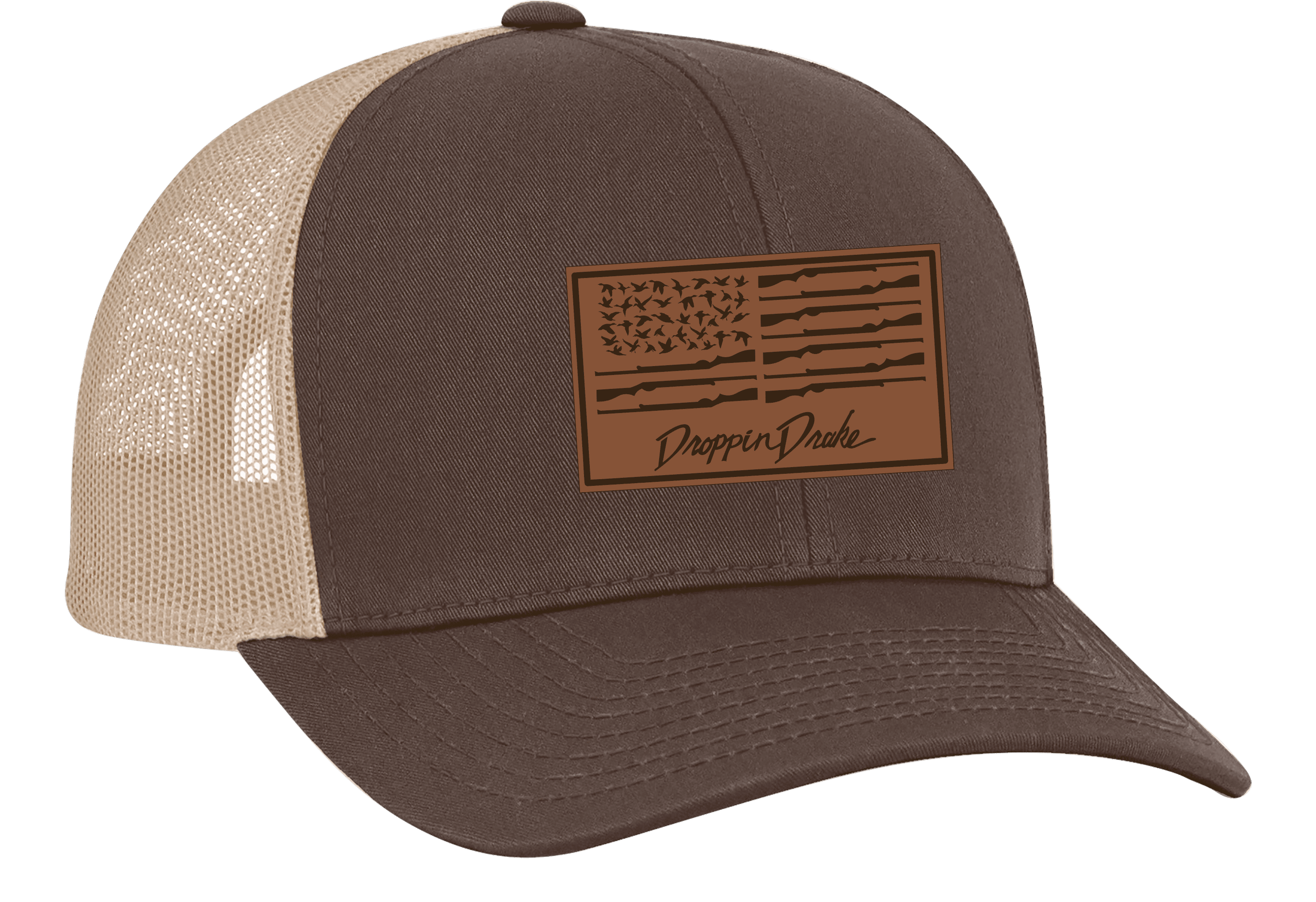 Droppin Drake Men's Duck Flag Laser Engraved Leather Patch Trucker Hat - Picture 5 of 8