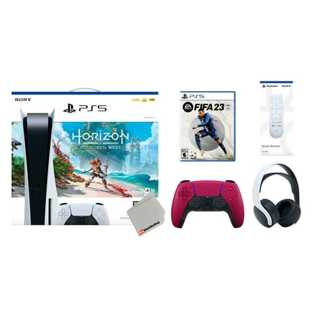 Sony Playstation 5 Disc Horizon Forbidden West Bundle with Extra Cosmic Red Controller, White PULSE 3D Headset, FIFA 23 and Remote