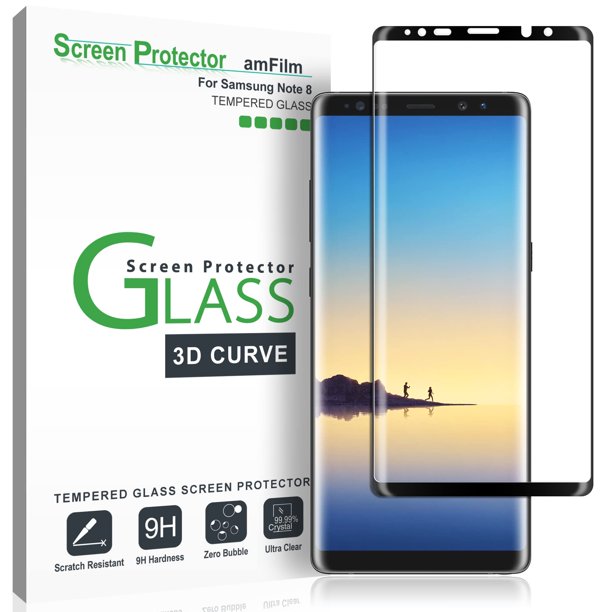 Amfilm Protector De Pantalla De Vidrio Para Samsung Galaxy Note 8 Cobertura De Pantalla Completa Matriz De Puntos De Vidrio Templado Curvo 3D Con Bandeja De Fácil Instalación (Negro)