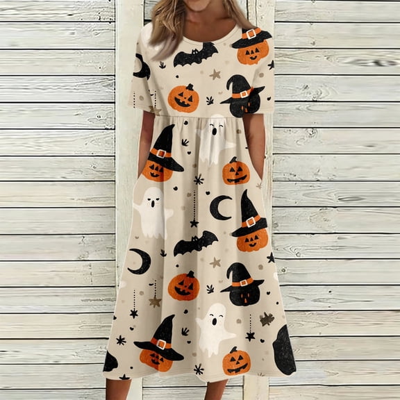 Fall Dresses V-Neck 3/4 Sleeve Dress Halloween Graphic Midi Dress Loose Fit Boho Dresses for Women
