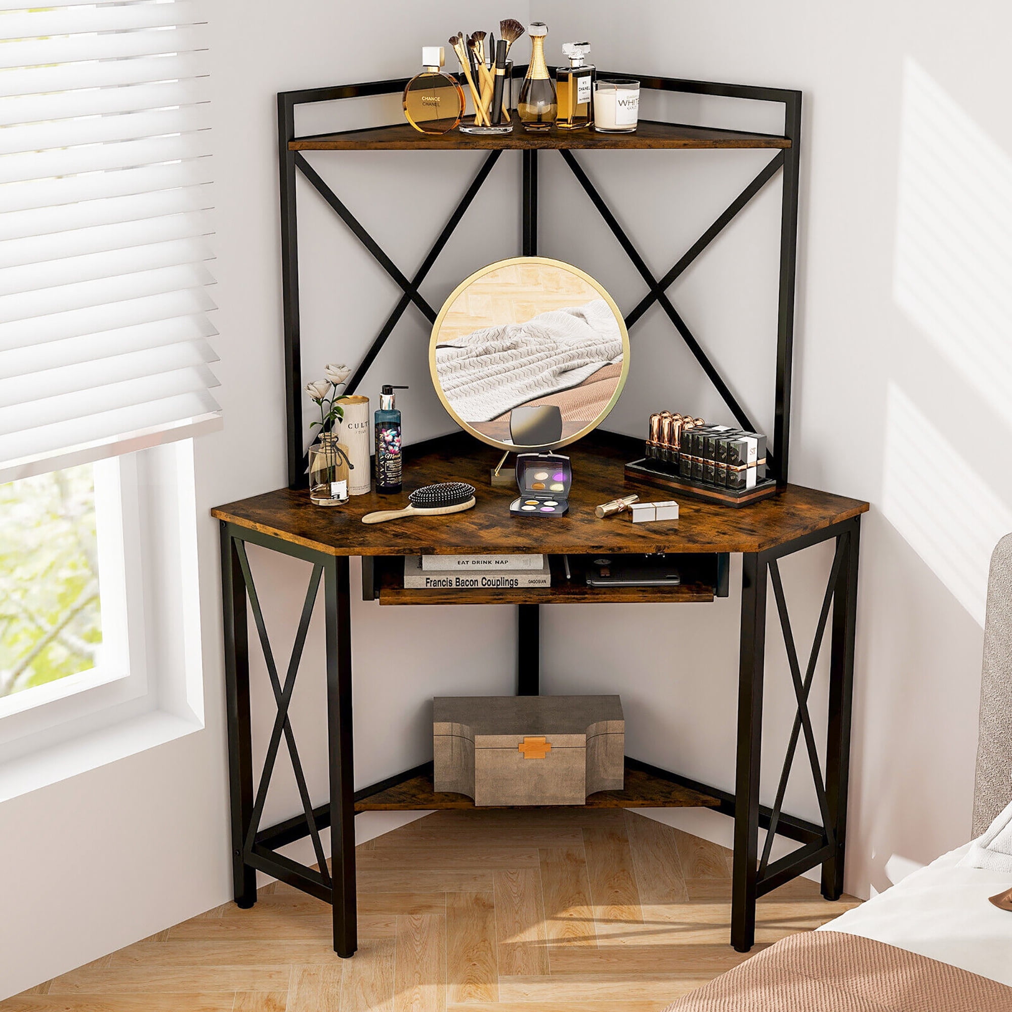 Gymax Corner Desk Space-Saving Computer Desk w/ Shelves & Keyboard Tray Rustic Brown