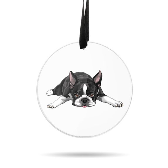 WIRESTER Large 3 inch Acrylic Ready to Hang Ornament, Hanging Ornaments for Christmas Tree Holidays Party Home Office Xmas Tree Decoration Gift - Boston Terrier Dog Lying Down Looking Up
