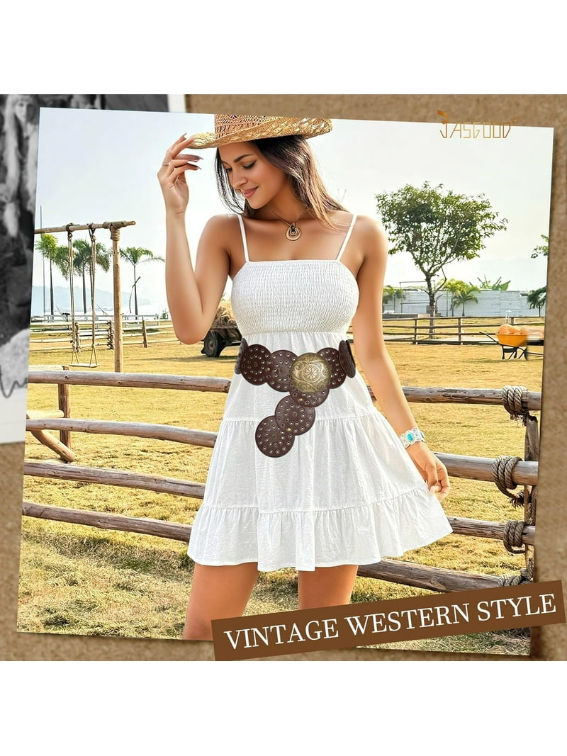 Papapt Western Belts for Women Wide Hollow Disc Leather Belt Cowgirl Waist Belt for Jeans Dresses with Metal Buckle