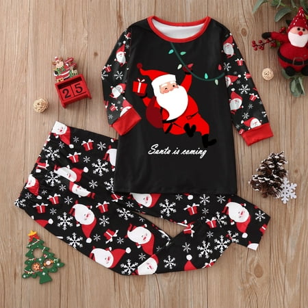 

ERTUTUYI Kids Children Christmas Set Family Clothes Matching Santa Prints Long Sleeve Tops Pants Set Black 4