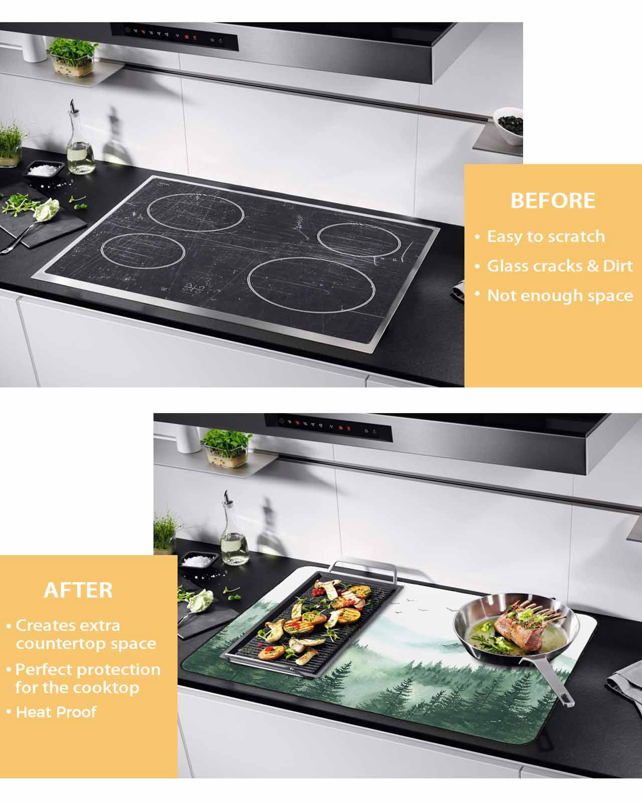nqOlkjepod Large Induction Cooktop Protector Mat 36"x21", Green Foggy Forest Stove Top Covers for Electric Stove, Mist Mountain Trees Nature Scenery Stove Burner Cover Mats, Glass Top Stove Cover