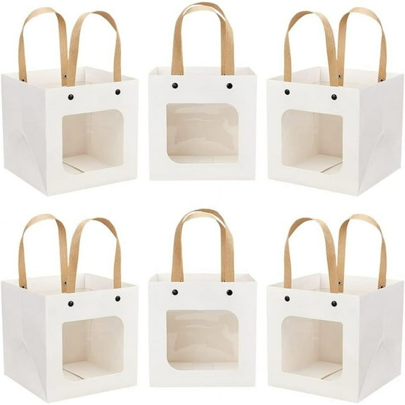 12pc 12 Pcs White Craft Paper Bags 5.9x5.9 Carrier Paper Gift Bags With Handles Party Favor Kraft Paper Bag with Clear Square Window for Candy Cookies Packaging Wedding Party Store Retail
