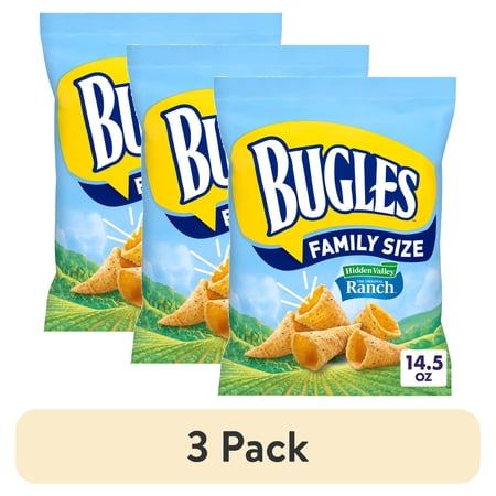 (3 pack) Bugles Crispy Corn Snacks, Hidden Valley Ranch Flavor, Snack Bag, 14.5 oz