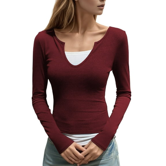 Arlun, Two Pieces T Shirts for Women Casual V Neck Long Sleeve Slim Fit Tops Solid Color Splicing Soft Comfortable Lightweight Fall Basic Workout Tshirts XL