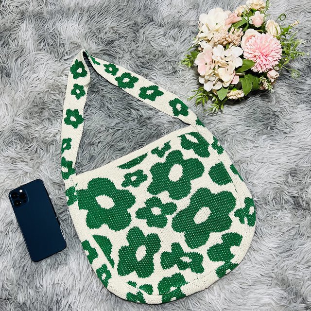 Bolso de hombro tejido con flores, bolso de mano para mujer, bolso de viaje de gran capacidad (verde)