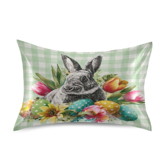 Satin Pillowcase Home Luxury Envelope Pillowcases Soft And Smooth Bunny with Tulips & Abstract Colorful Eggs