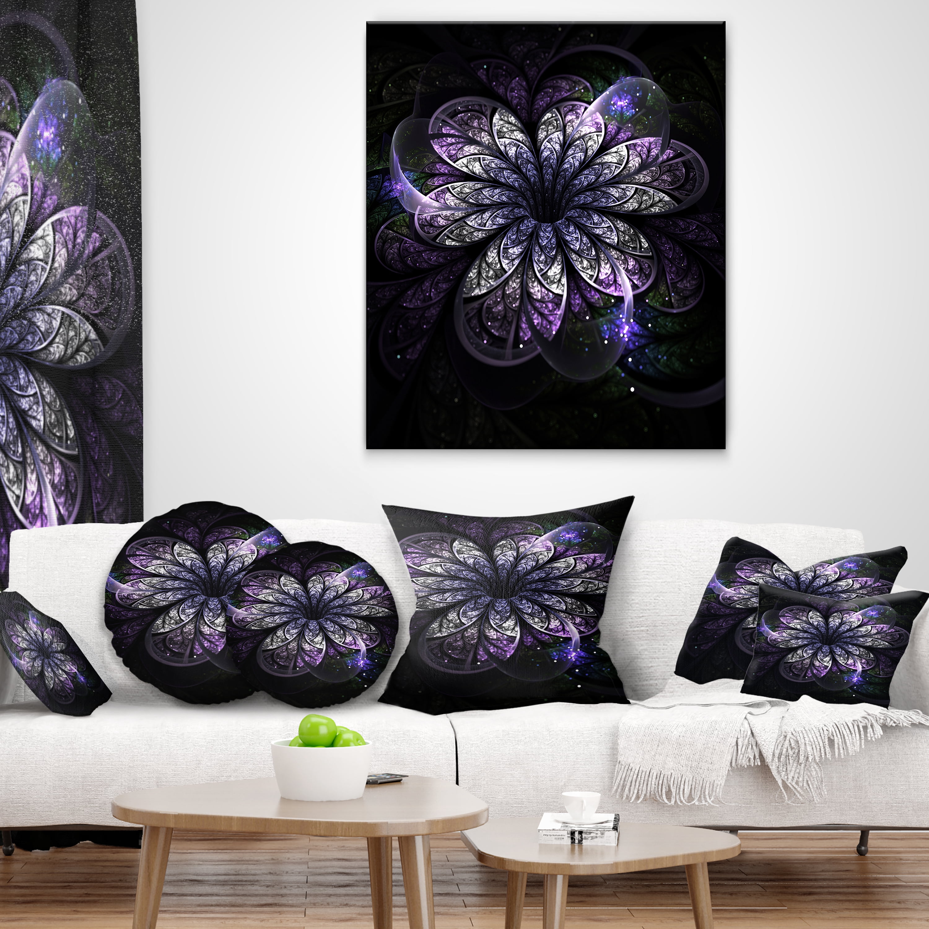 Designart Green Fractal Flower in Dark - Floral Throw Pillow - 12x20