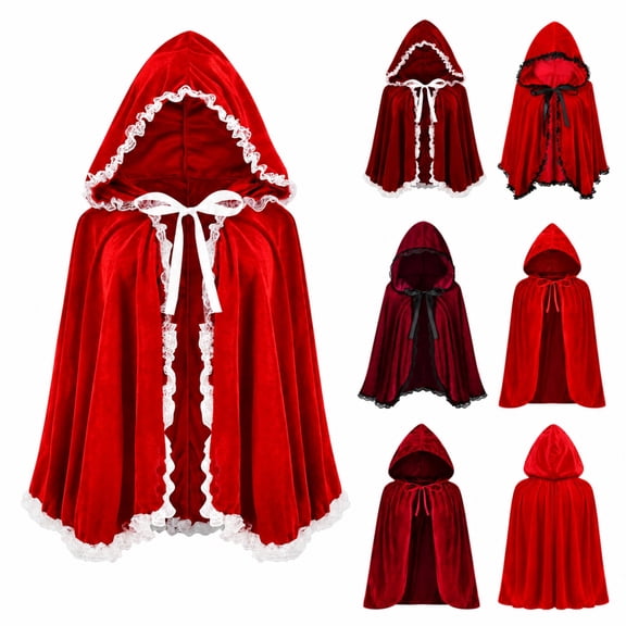 Helii Velvet Hooded Cloak for Women Short Cape with Lace Trim Gothic Little Red Riding Hood Dress Up Costume for Halloween Christmas Party Multiple Sizes