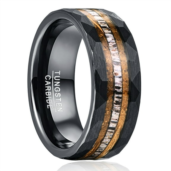 8mm Black Tungsten Ring for Men Women Inlaid Two Barrel Wood and Antler Hammer Edge Band