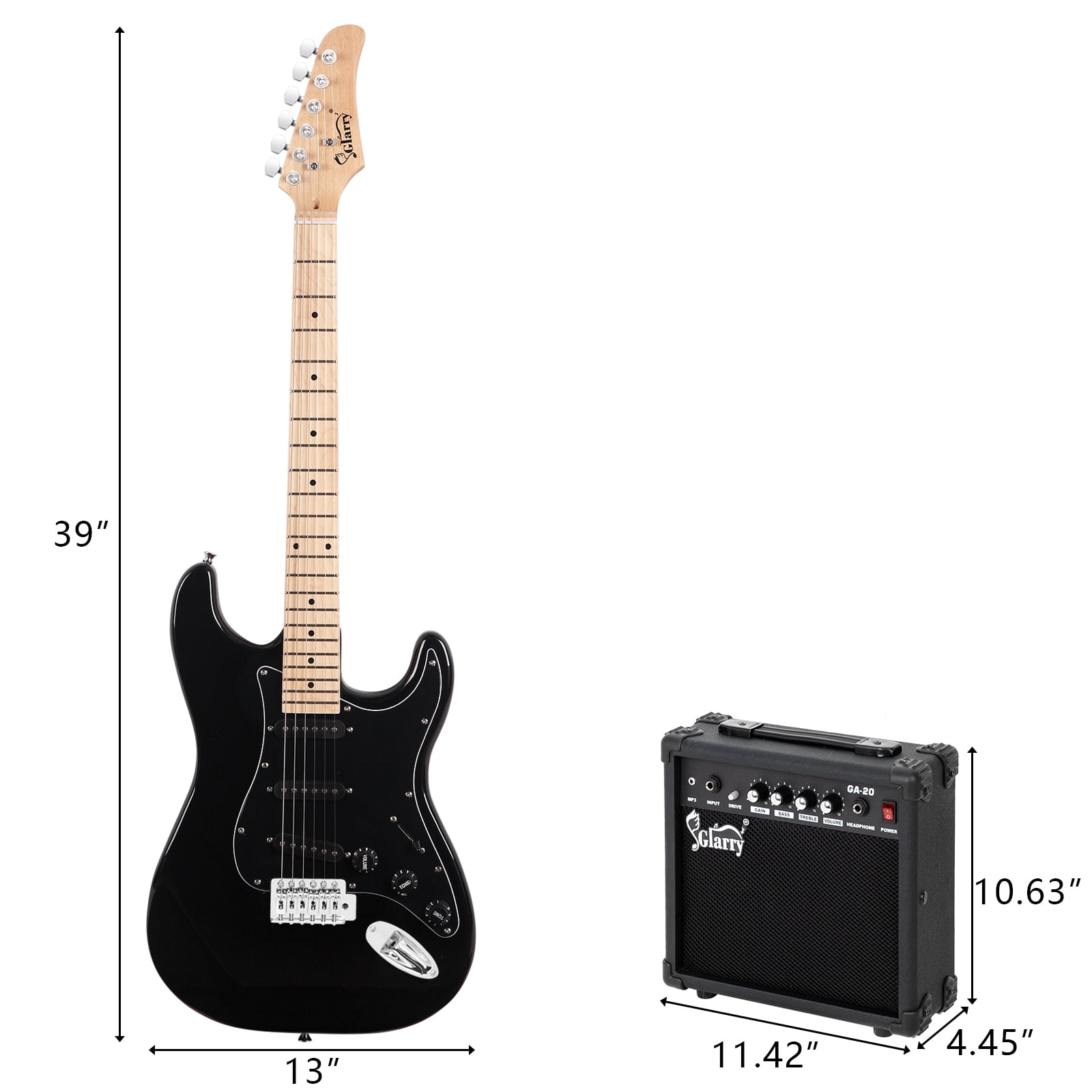 Glarry GST Electric Guitar Kit for Beginner, Full Size SSS for Starter with 20W Amp, Bag, Strap, Picks – Black
