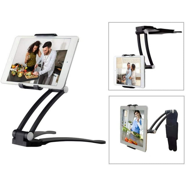 ALUMINUM Tablet Stand Mount - Office & Kitchen Tablet Holder Adjustable arm Cell Phone ipad holder fits 4"- 12.9" Tablets and Phone - Desktop Mount Stand for iPad/Samsung/Tablet/Smartphone - BLACK