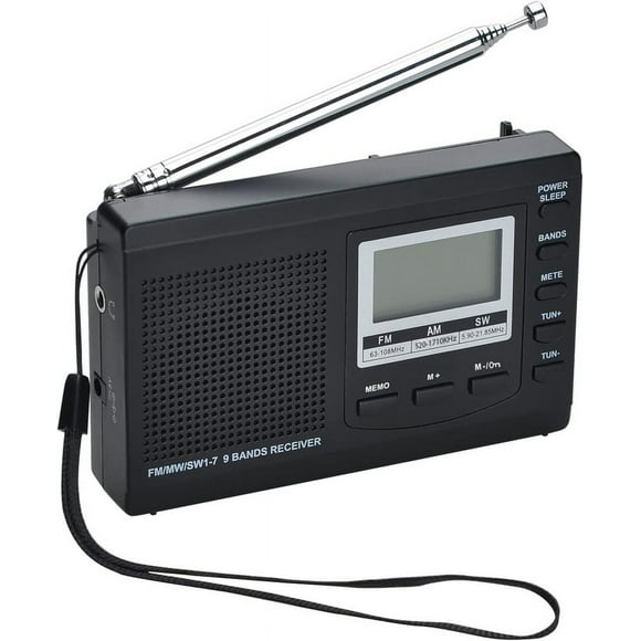 Hweilai AM/FM SW1-7 9-Band Portable Radio Receiver with Excellent Reception, 12/24 Hour Time Display Digital Radio with Backlight, Sleep, Rise Alarm, Battery Powered (Black)