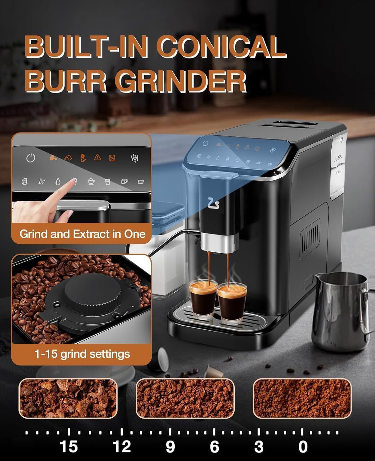 Home Espresso Machine Fully Automatic with Grinder & Milk Frother – 20 Bar Coffee & Cappuccino Maker, One-Touch Operation, Dual Boiler, 1.5L Water Tank