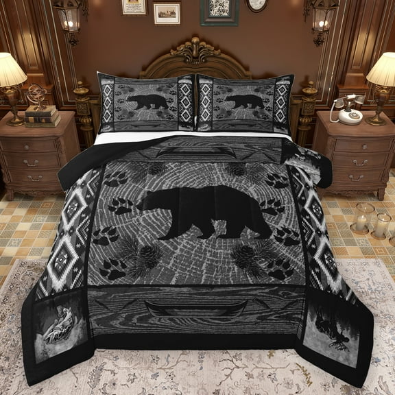Homewish Woodland Animal Bear Bedding Comforter Set,Rustic Western Aztec Twin Comforter Sets,Boho Cowboy Tribal Bedding Set For Kids,Breathable Home Decor Reversible,2pcs