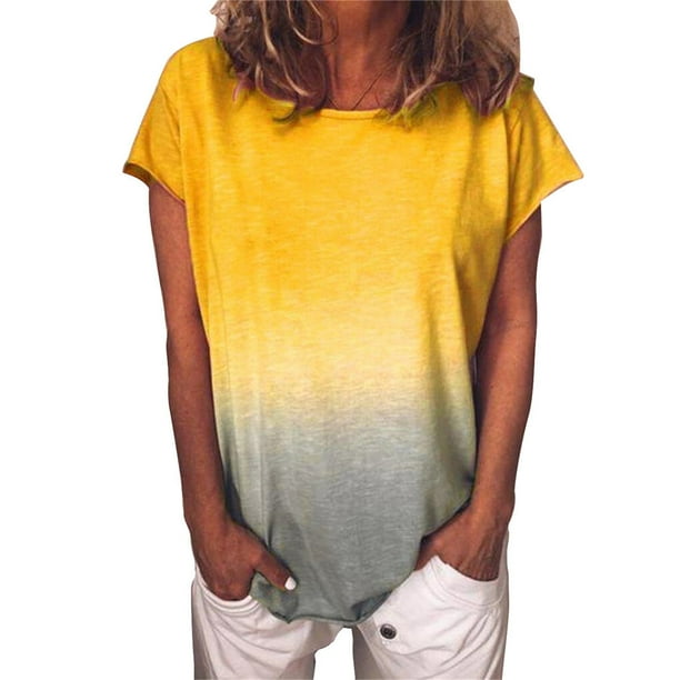 Minnieouse Camiseta de mujer de manga corta con cuello Top degradado camiseta casual, amarillo, XXL Prendas para la parte del cuerpo Amarillo XXL
