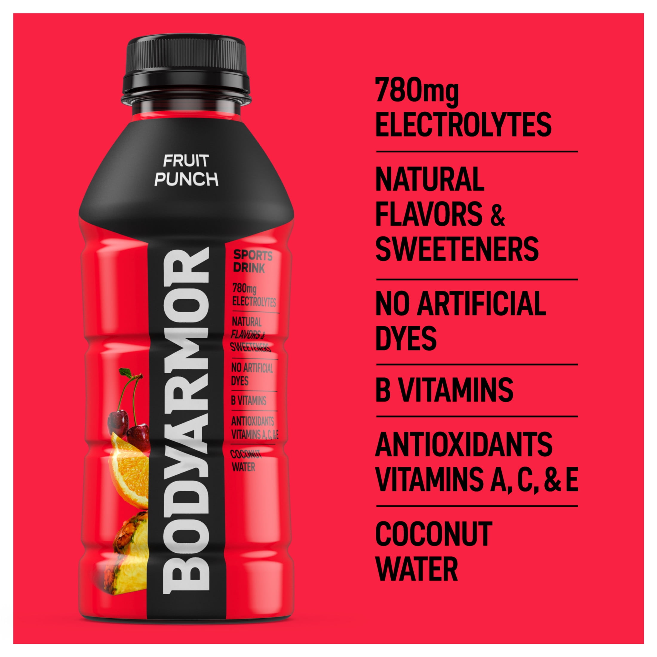 BODYARMOR Fruit Punch Electrolyte Sports Drink Bottles, 16 fl oz, 12 Pack