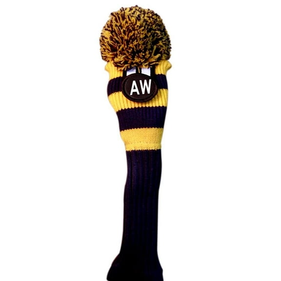 Majek Attack or Approach Wedge (AW) Hybrid Rescue Utility Blue & Yellow Golf Headcover Knit Pom Pom Retro Classic Vintage Head Cover