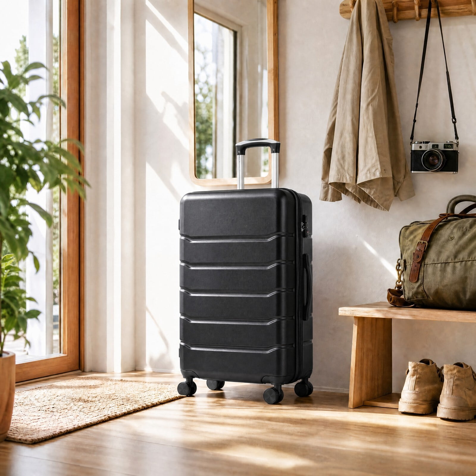 Kelno Large Checked Luggage with Spinner Wheels ABS Hard Shell Suitcase Expandable Rolling Luggage with TSA Lock, Black