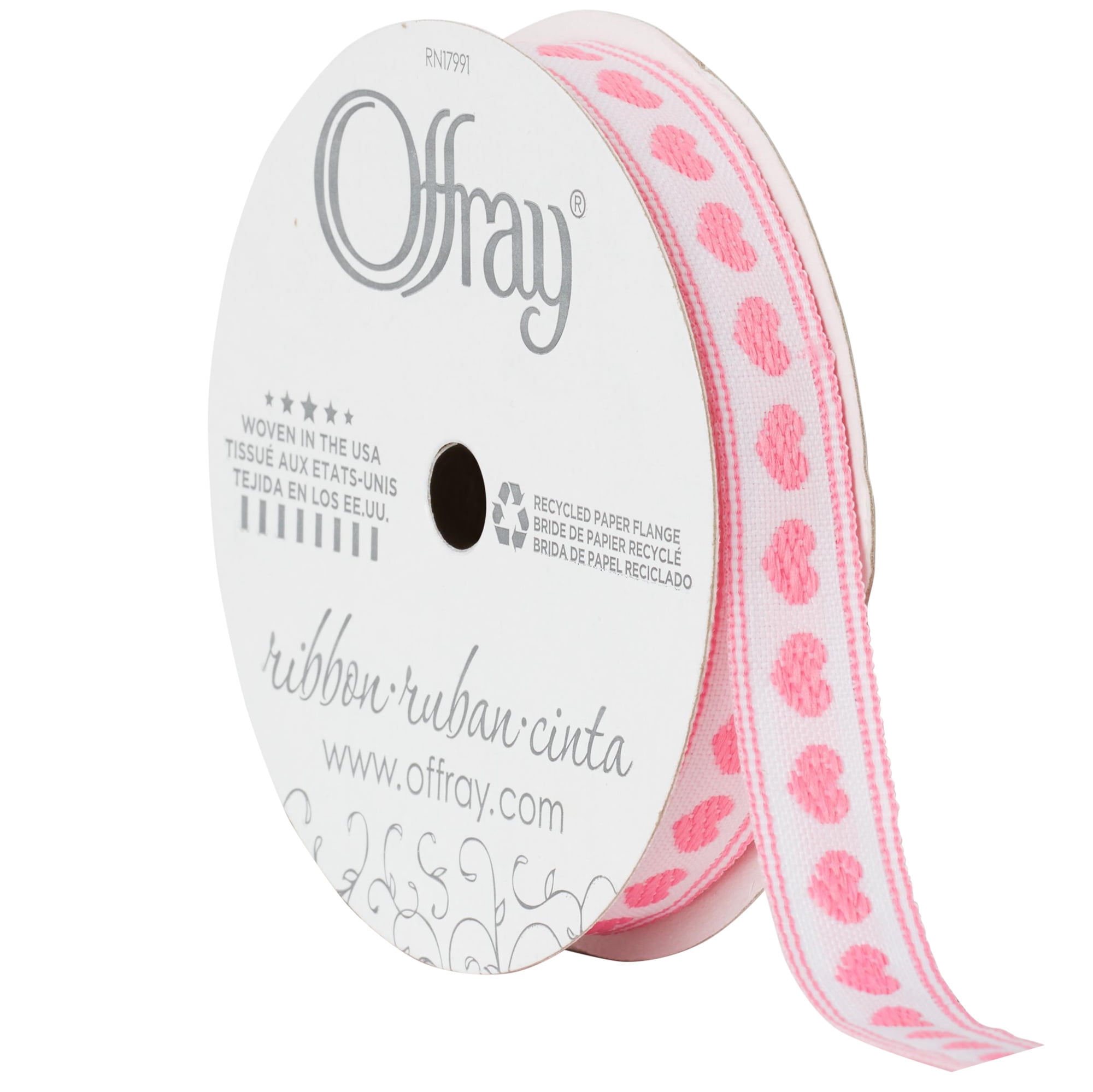 Offray Ribbon, Pink 3/8 inch Hearts Woven Ribbon, 9 feet